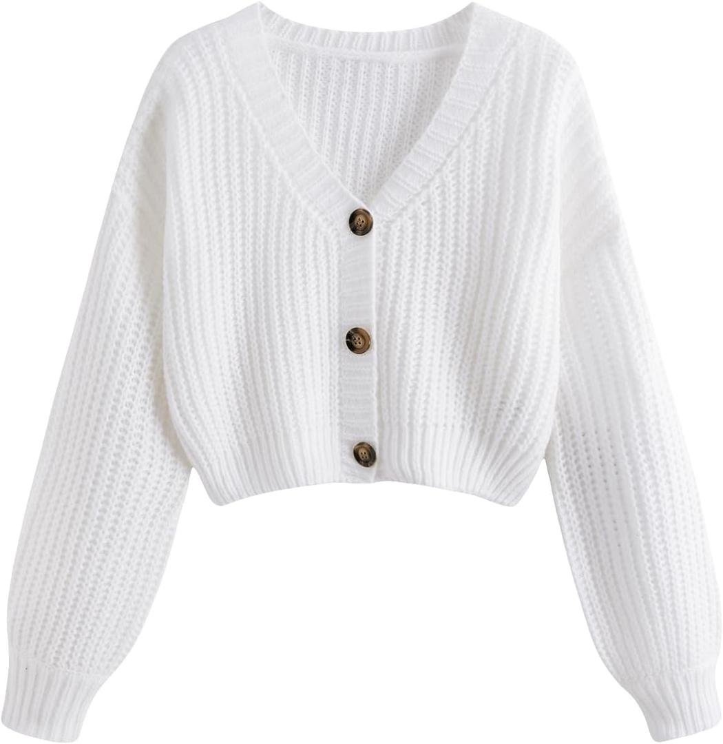 GORGLITTER Women's Button Up Cropped Cardigan Sweaters Chunky Long Sleeve 2025 Fall Coquette Cardigans White Small