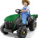 ELEMARA 24V 9AH Ride on Tractor with Easy Detachable Trailer, 400W Motors Electric Tractor Toy for Big Kids, All-Terrain Capability, Safety Design with 3-Point Seat Belt for Ages 3+, Green