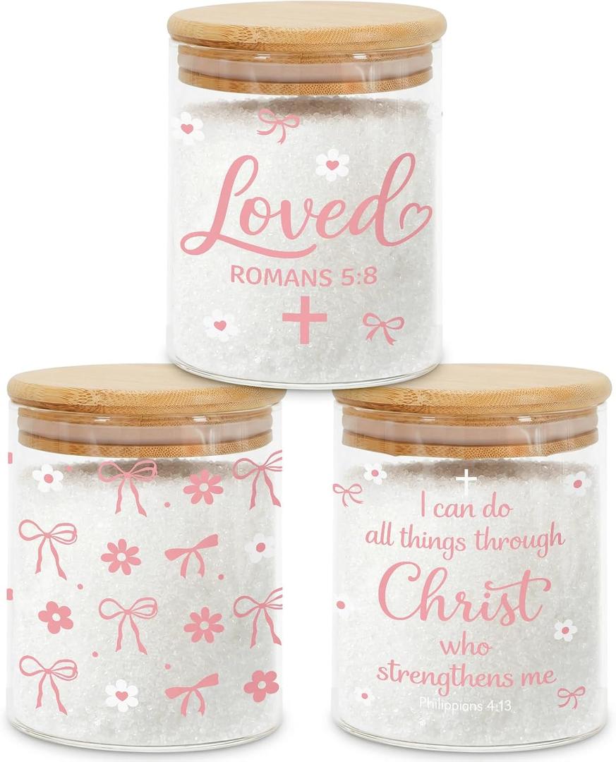 3 Pcs Pink Bow Christian Glass Storage Jars with Airtight Lids Pink Bow Candy Cookie Jars Gift Christian Bible Verse Kitchen Canister Gifts for Women Cute Coquette Religious Kitchen Containers