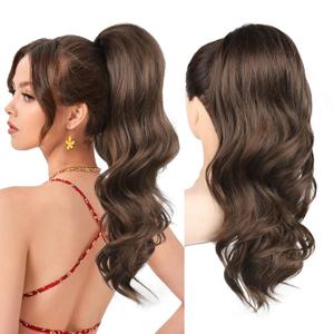 REECHO Ponytail Extension, Drawstring Ponytail Extension Long Wavy Layered Pony Tails Hair Extensions 22inch Natural Fake Ponytail Clip in Synthetic Hairpiece for Women, Medium Brown