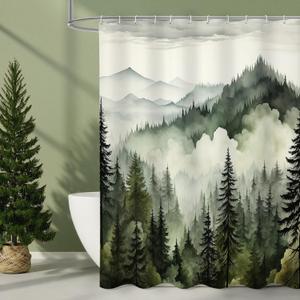 Dark Green Misty Pine Forest Shower Curtain, Mountain Foggy Woodland Scenery Tree Shower Curtains for Chic Rustic Bathroom, Abstract Modern Waterproof Nature-Themed Decor, 72x72 Inches