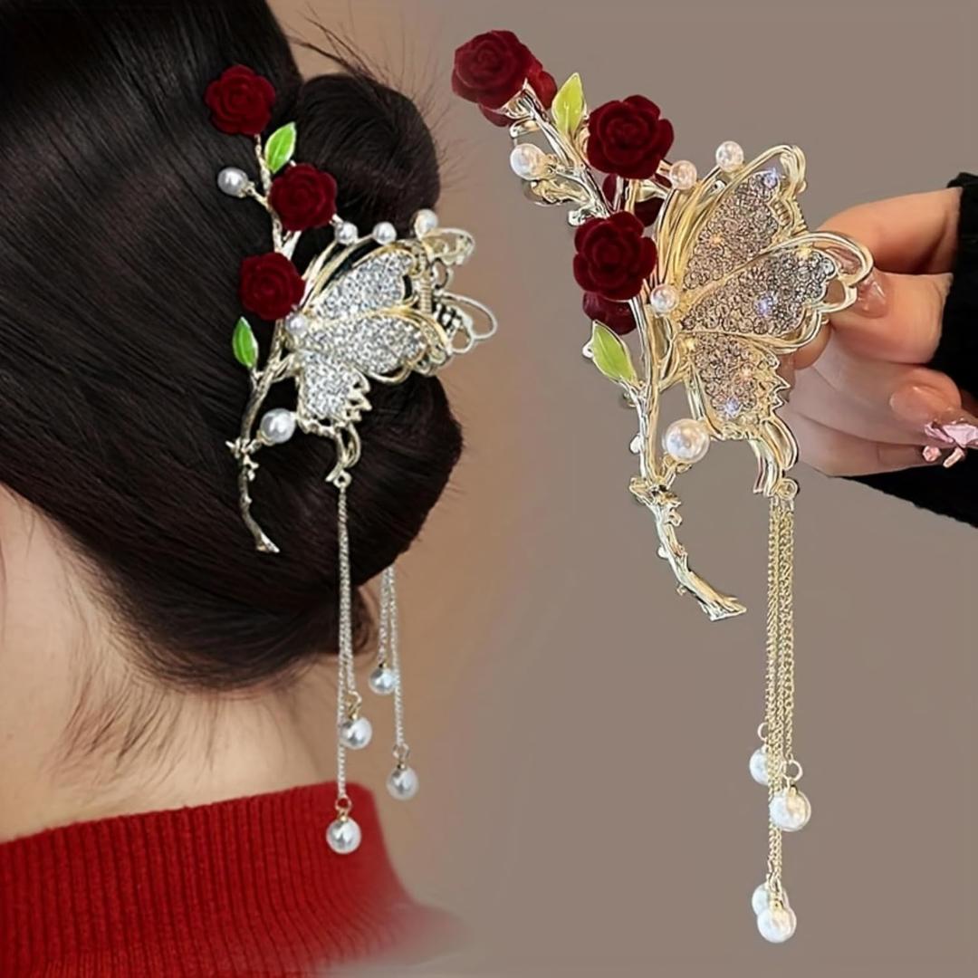 Metal Butterfly-Rose Hair Claw Clips - Non-Slip Strong-Hold Jaw Clamps with Tassel, Fashion Hair Accessories for Thick/Thin/Curly Hair