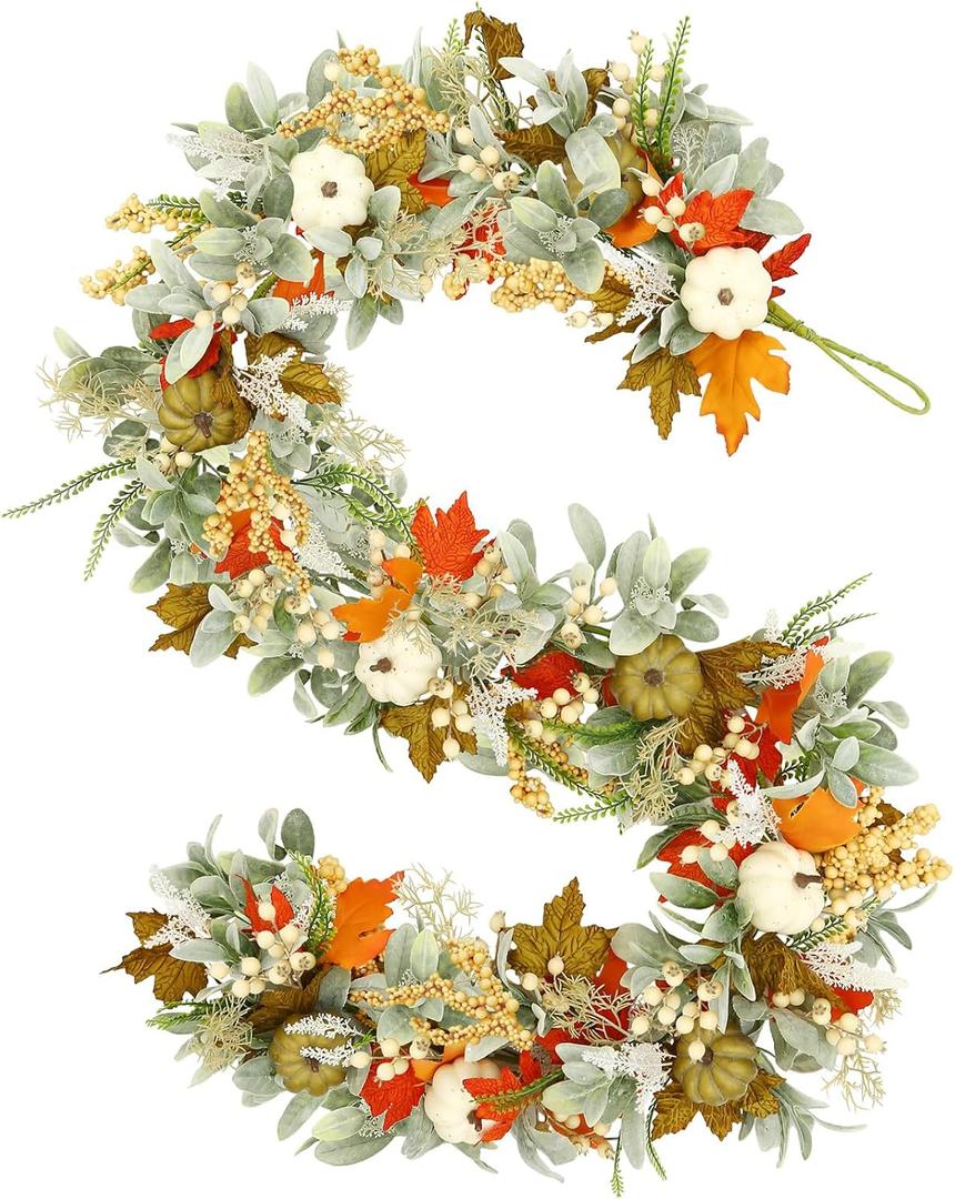 Joyhalo Artificial Fall Leaf Garland, Greenery Garland with Pumpkins and Eucalyptus for Table, Mantle, Fireplace, Thanksgiving Decorations and Fall Wedding Decor