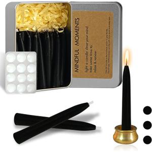 Dripless Taper Candle Meditation Candles,Black 20 Minute Mini Prayer Candlestick Pure Beeswax Candles with Brass Candle Holder for Yoga & Spiritual Rituals,30-BLA