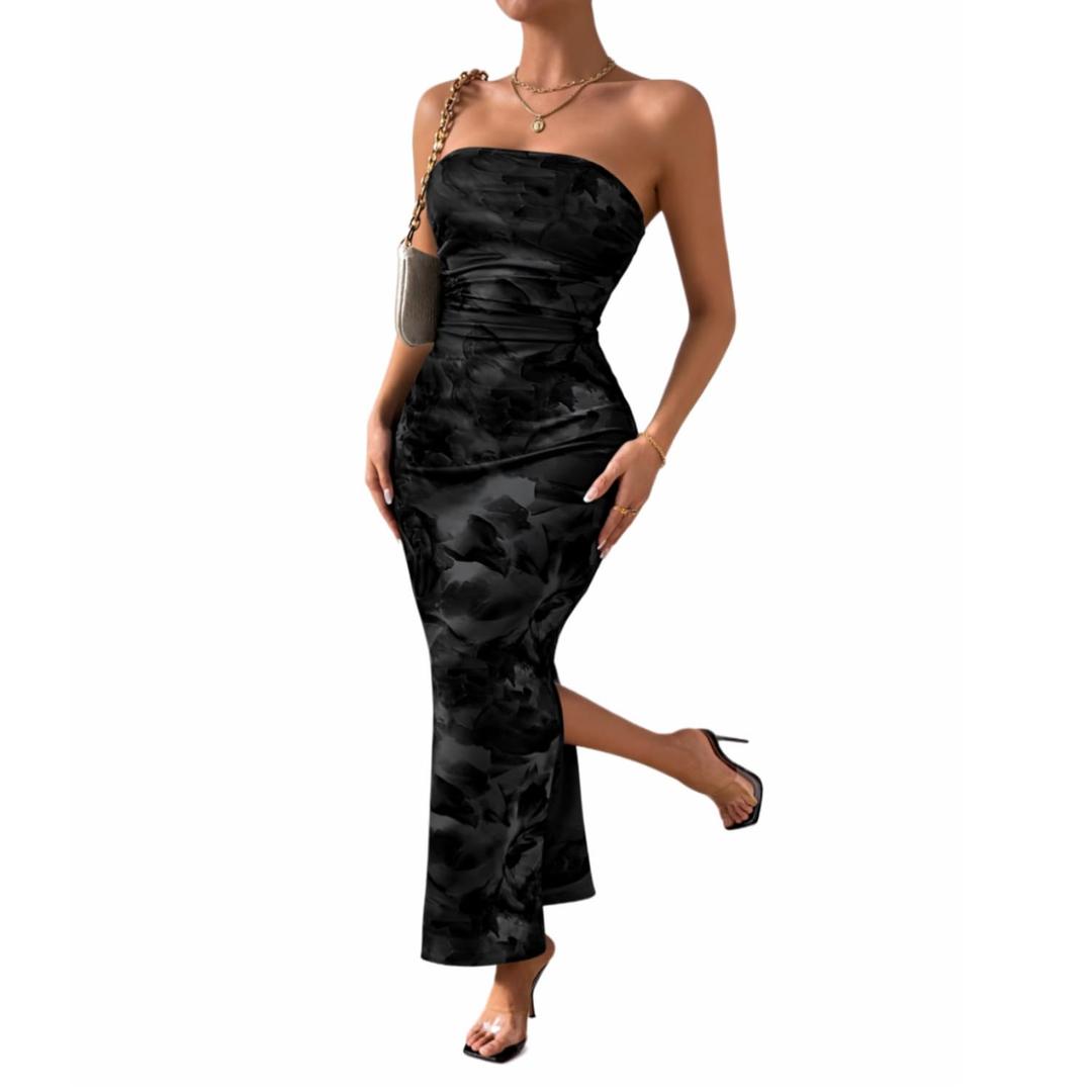 LIGHT DOT Women's Summer Dress Printed Strapless Tube Bodycon Maxi Side Slit Mesh Layered, S