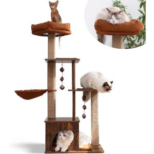 FUKUMARU Cat Tree, 4 in 1 Large Modern Cats Tower with Jute Scratching Post and Hammock, Wood Cat Condo with silvervine Balls, Brown Cat Climber Stand Playhouse for Indoor Cats, Retro Style