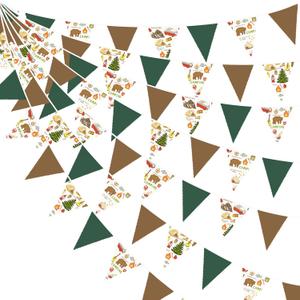 32Ft Camping Party Decorations Green Brown Camper Triangle Flag Fabric Banner Pennant Garland Streamers for Camping Birthday Glamping Baby Shower Campfire Adventure Woodland Travel Party Decor