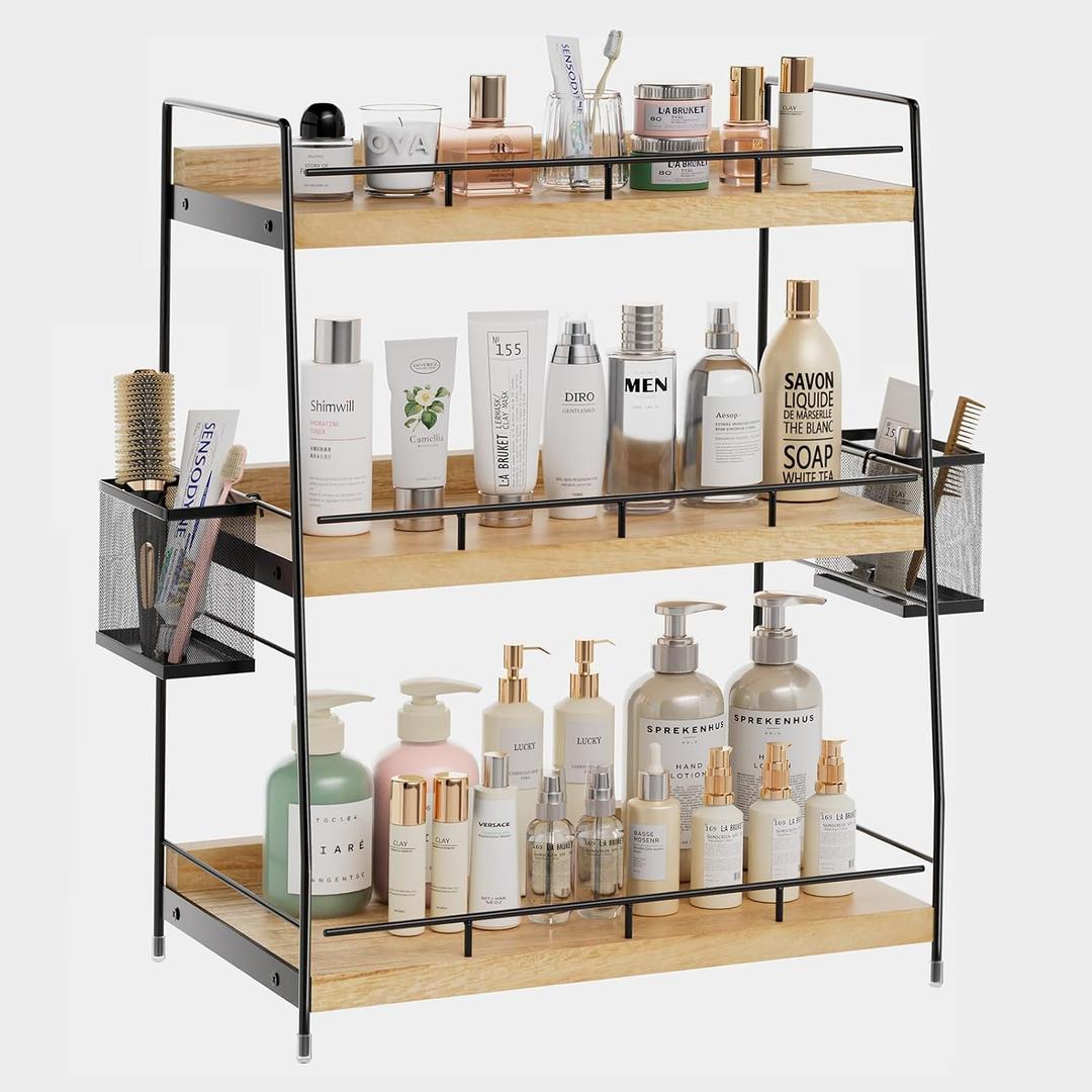Bathroom Organizer Countertop, 3 Tier Bathroom Counter Organizer with Basket for Skin Care, Kitchen, Vanity (Brown)