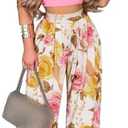 Mandonce 2 Piece Outfits for Women Crew Neck Short Sleeve Crop Tops Printed Wide Leg Long Pants Summer Matching Sets Large