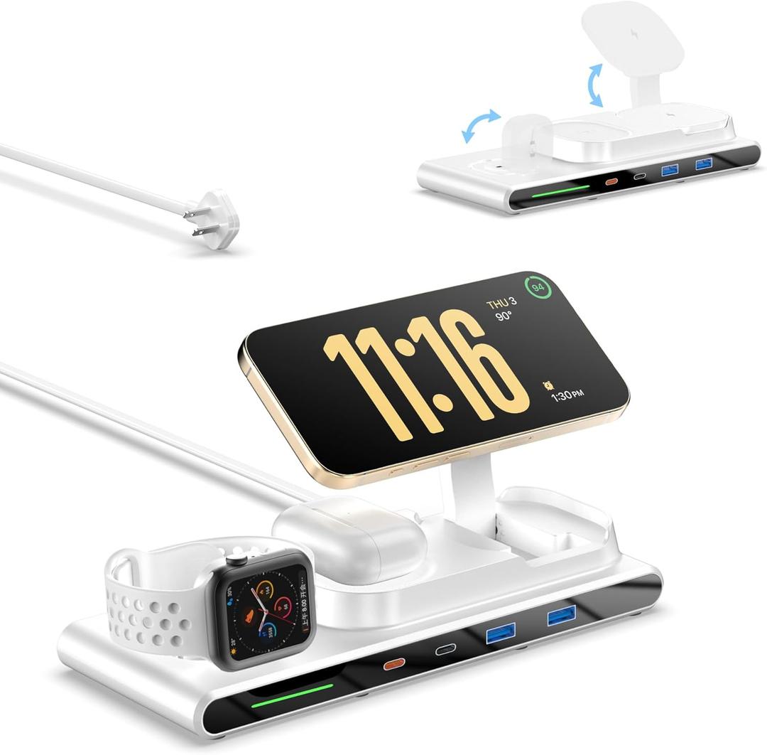 7-in-1 Wireless Charging Station for Apple Devices, ACOZVIN Magnetic Wireless Charger &4 USB Ports(PD65W USB-C), 5FT Cord Flat Plug, Foldable Charger Stand for MacBook,iPhone 16/15/14, iWatch &AirPods