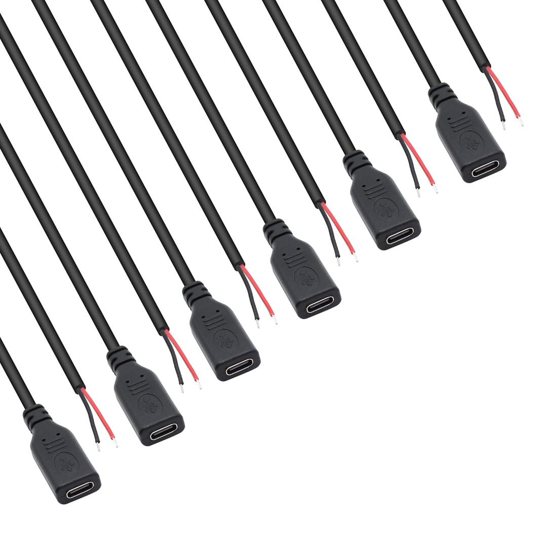 USB C Power Pigtail Cable 1.6FT 24AWG 5V 3A USB Type-C Female Plug to 2 Pin Bare Wire Open End Power Pigtail Cord DIY, Black (50CM,6 Pcs), 0.5m