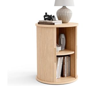 LINSY HOME Round Fluted End Table, Tall Side Table with Sliding Tambour Door and Storage Shelf, Modern Bedside Table, Mid-Century Nightstand for Living Room, Bedroom, Oak