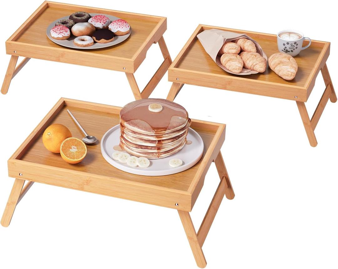 VERTORGAN 3 Pack Bamboo Bed Tray Table with Folding Legs,Breakfast Trays,Serving Tray,Laptop Tray for Working,Food Snack Tray for Bed and Sofa(Natural)