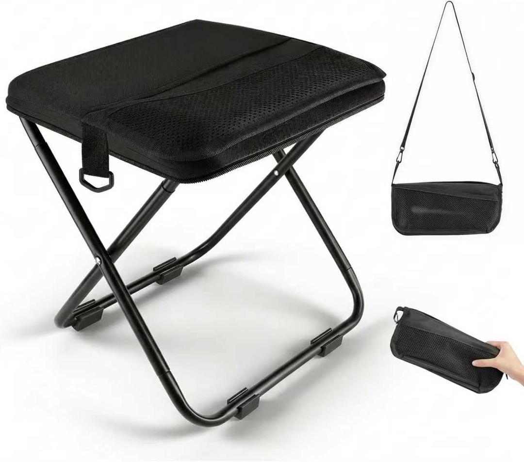 Portable folding stool with dual storage pockets and side pockets Compact adult-sized portable stool, ideal for camping, hiking, outdoor activities and events Maximum weight capacity 280 lbs (Black)