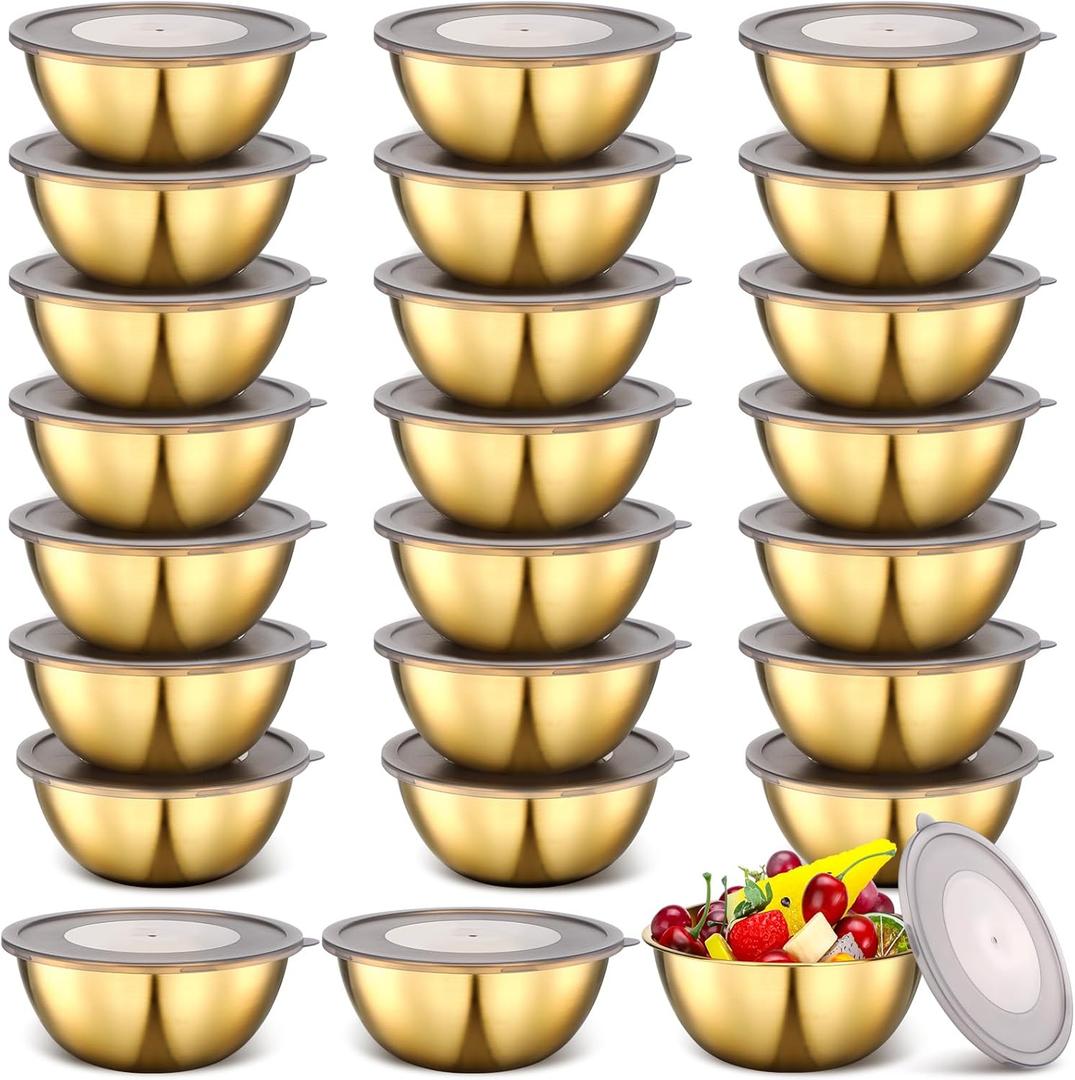 Nuogo 24 Pcs Gold Stainless Steel Mixing Bowls with Airtight Lids 6.7 Inch Gold Esthetician Bowls for Ramadan Serving Facial Salad Fruit Snack Soup Cereal Wedding Party