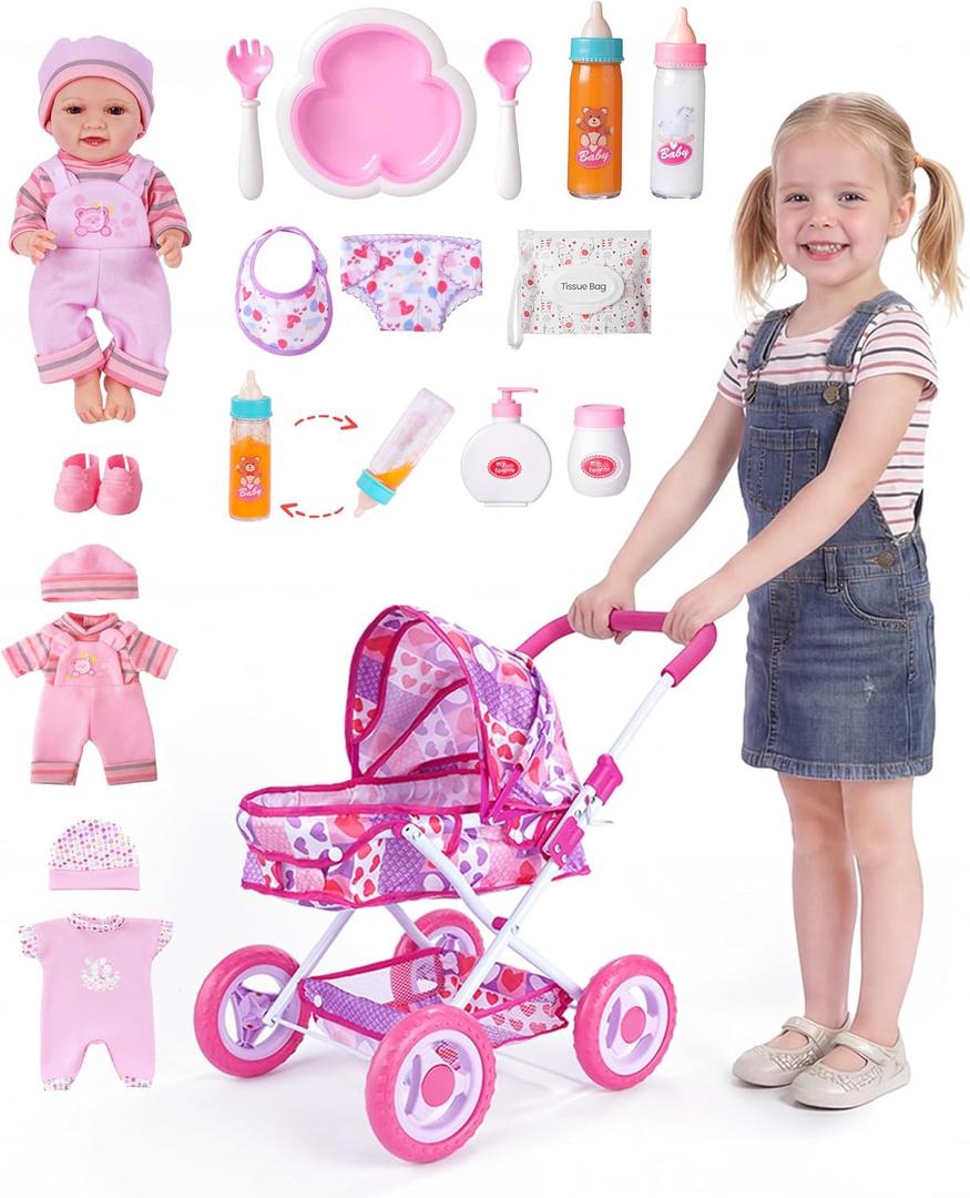 BABESIDE Baby Doll Stroller Set with 12 Inch Baby Doll, 14 Pcs Baby Doll Accessories, Folding Doll Pram Pretend Play Set, Feeding, Bath & Care Toys, Gift for Girls Ages 3yrs+