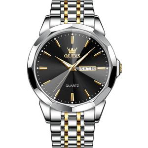 OLEVS Watch for Men Diamond Business Dress Analog Quartz Stainless Steel Waterproof Luminous Date Two Tone Luxury Casual Wrist Watch