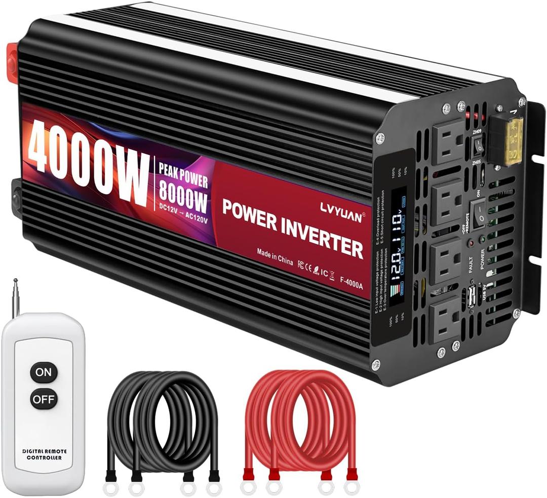 LVYUAN 4000 Watt Power Inverter 12V to 110V 120V for Vehicle, Solar Inverter System, Heavy Duty, RV, Truck, Off Grid,Camping with 4 AC Outlets, LCD Display, Wireless Remote Control, Car Power Inverter (12V-4000W)