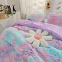 SUCSES Purple Tie Dye Faux Fur Duvet Cover Set Twin Size Colorful Rainbow Plush Shaggy Bedding Set Ultra Soft Fluffy Velvet Comforter Cover for Teens Girls (Purple Ombre, Twin)