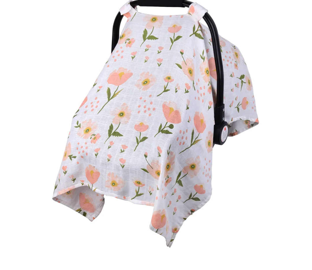 Muslin Carseat Cover for Babies, Metplus Breathable Infant Carseat Cover Lightweight Baby Carrier Cover for Girls Boys, Fit Spring Summer/Hot Days/Warm Weather, Pink Floral