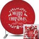 Renaiss Red Christmas Round Backdrop Cover 7.2 ft White Snow Reindeer Plants Poinsettia Polyester Circle Photography Background for Christmas Eve New Year Circle Backdrop Photo Prop