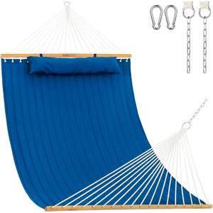 Lazy Daze 12 FT Double Quilted Fabric Hammock with Spreader Bars and Detachable Pillow, 2 Person Hammock for Outdoor Patio Backyard Poolside, 450 LBS Weight Capacity, Dark Blue/Natural