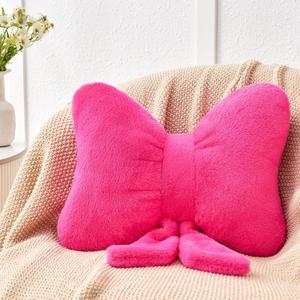 Hot Pink Bow Pillow,16'' Bow Decorative Pillows with Faux Rabbit Fur,Soft Bow Throw Pillows Aesthetic Bow Shaped Pillow for Bed Sofa Couch Home Decor (Large-16 * 12 Inch)