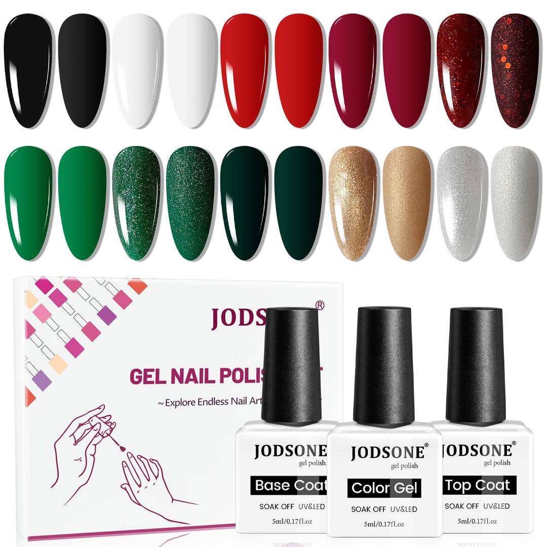 JODSONE Gel Nail Polish Set, 10 Colors Winter Black White Glitter Burgundy Red & Green Silver Gel Polish DIY Salon for Girls Home DIY Gift