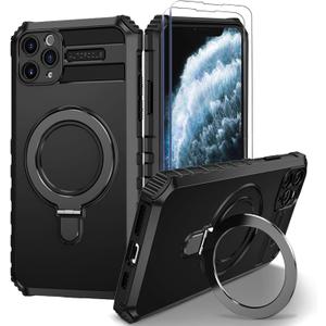 for iPhone 11 Pro Magnetic Case [Compatible with MagSafe] with 2 Tempered Glass Screen Protectors with Ring Kickstand,Military Grade Heavy Duty for iPhone 11 Pro Case 5.8''Black