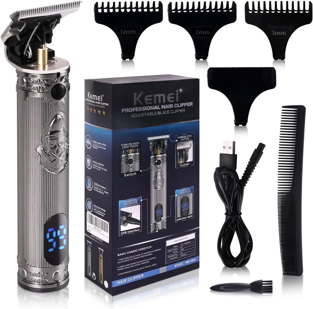 KEMEI Professional Hair Clippers for Men Pro Li Grooming Beard Trimmer Shavers Close Cutting Salon Cordless Rechargeable Quiet, KM-700H Silvery