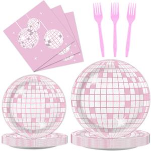 96PCS Pink Silver Disco Party Plates Napkins Disco Birthday Decoration 70s Theme Disposable Paper Cake Tableware Serve 24 Guests Women Girls Baby Shower Bachelorette Wedding Birthday Party Favor