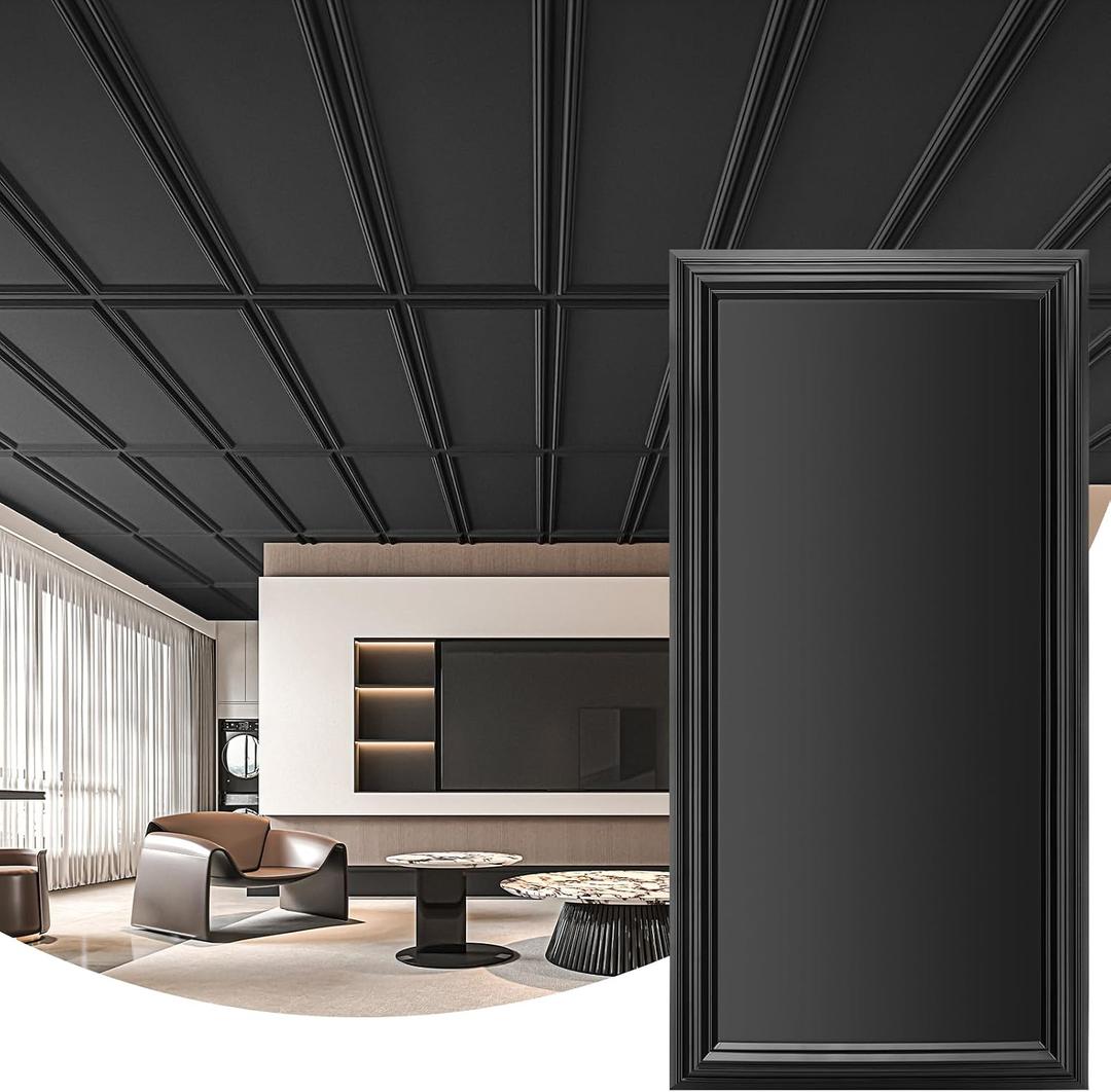 Art3d Drop Ceiling Tiles 48x24, Decorative PVC Ceiling Panels, Waterproof Rustproof and Durable 12-Pack, Glue Down, Rectangular Black, 12pcs 24x48 in.