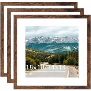 Wood 18x18 Picture Frame with 14x14 Mat Deep Brown, Display 14x14 with Mat or 18x18 without Mat, Wood 18 by 18 Photo Frame, 18 x 18 Frame for Wall Hanging Display, Deep Brown, 3 Pack