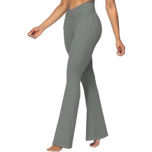 Sunzel Flare Leggings for Women with Pockets, Crossover Yoga Pants with Tummy Control, High Waisted and Wide Leg Side Pockets (Gray)