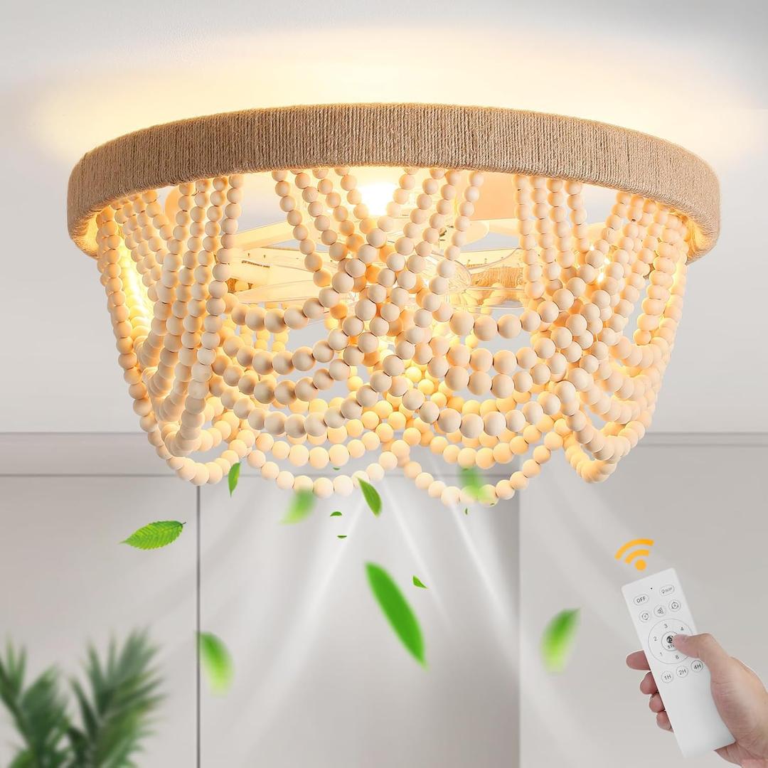 20" Boho Fandelier Ceiling Fan with Light and Remote Control 6 Speeds Low Profile Bladeless Ceiling Fan Wood Beaded Flush Mount Chandelier Fan for Bedroom Living Room
