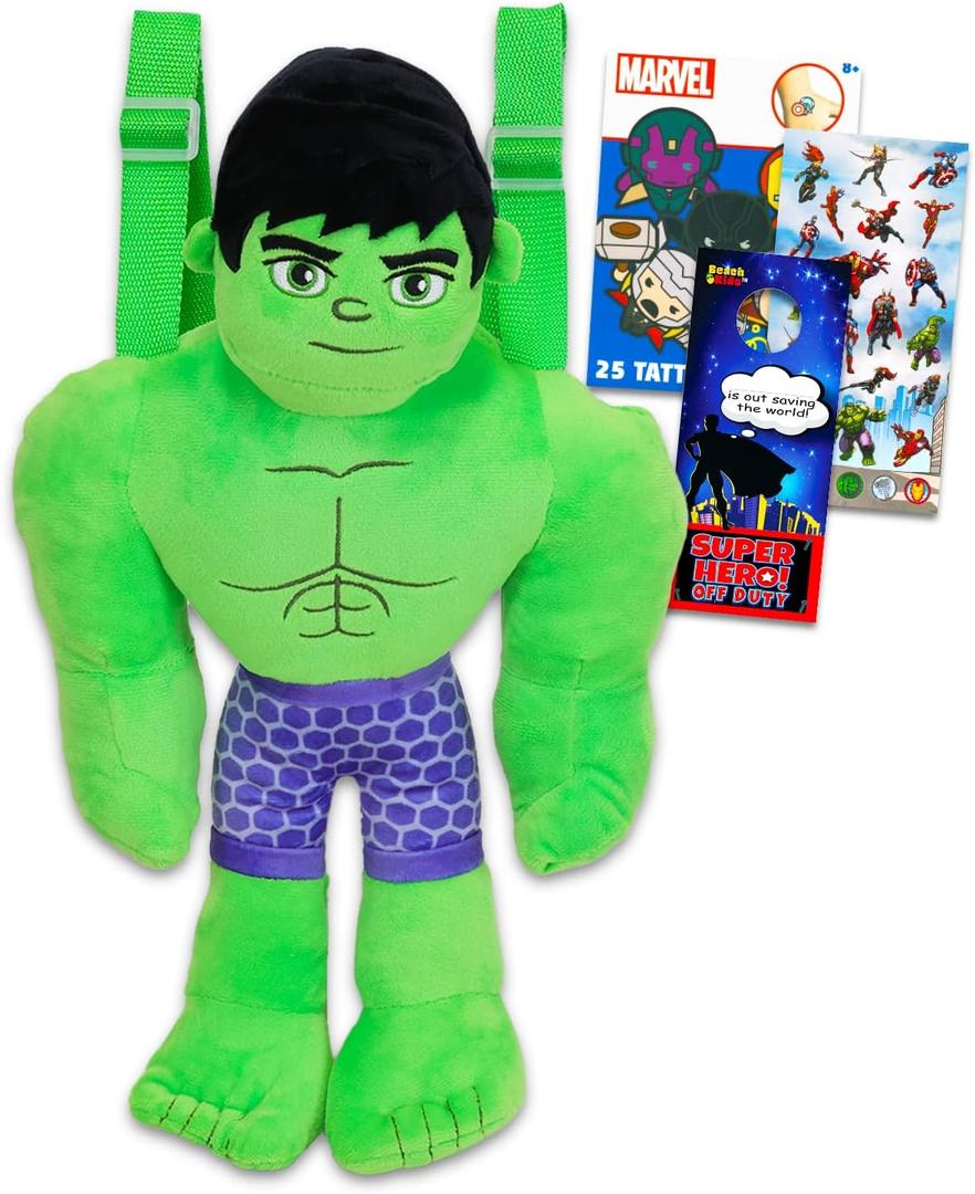 Hulk Plush Backpack Gift Set - Bundle of 14" Deluxe Hulk Plush Doll Toy with Carrying Straps, Stickers, Tattoos, More | Avengers for Kids, Boys, Girls