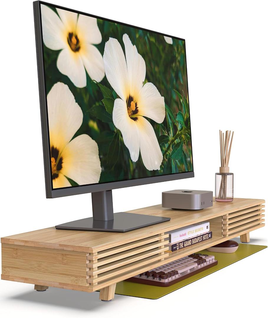 Computer Monitor Stand with Sliding Door,42 Inch,Bamboo