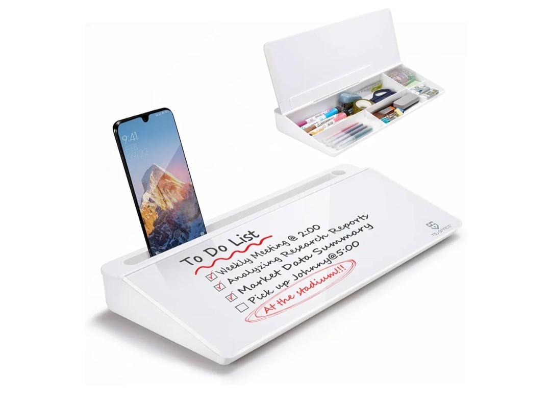 TSJ OFFICE Small Desktop Whiteboard -Glass Dry Erase Board Computer Keyboard Stand White Board Surface Pad with Drawer, Desk Organizers with Accessories for Office, Home, School Supplies
