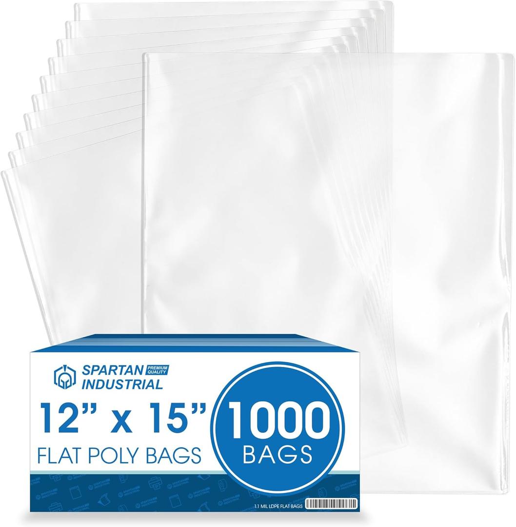 Spartan Industrial - 12 X 15 1.1 Mil Flat Open End Clear Plastic Poly Bags - For Proofing Bread Dough, Packaging Clothes, Shirts (Thin & Lightweight - Bags DO NOT Have Seal)