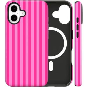Magnetic for iPhone 17 Case Cute Stripes Phone Case, Shockproof Slim TPU and Hard PC Protective Phone Cover Compatible with MagSafe Designed for Women Girls, Deep Pink