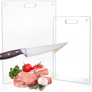 Okllen Set of 2 Tempered Glass Cutting Board for Kitchen, Non Toxic Clear Glass Chopping Boards with Non-Slip Mats, Easy to Clean, 16x12 & 12x8 inch