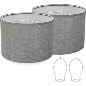 Gray Drum Lampshades Set of 2, Natural Linen 13" Top x 13" Bottom x 7.9" High, Easy Assembly Fabric Lampshades for Table Lamps Floor Lamps, Lamp Shade Harp Holder Included