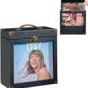 Vinyl Record Storage, Solid Wood Vinyl Record Box with Display Window Fits Standard Records- 7/10 Inch, (Upgrade Latch) Record Storage Case Hold 30-35 Records (Black)