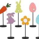 JIALEIXI 6PCS Wooden Easter Decorations, Spring Bunny Rabbit Egg Flower Table Sign, for Home Indoor Party Holiday Summer Farmhouse Decor (Blue-Yellow-Purple-Pink-Light Green-Orange)