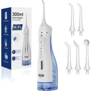 Water Flosser Teeth Pick, Cordless Dental Pick for Travel with 4 Modes & 5 Jet Tips, IPX7 Waterproof Portable & 300ML Larger Tank Rechargeable Oral Irrigator