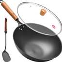 WANGYUANJI 12.6 Inch Iron Wok with Glass Lid, Flat Bottom Stir Fry Pan with Wooden Handle, Non-Coated Naturally Nonstick Skillet, Traditional Chinese Wok for Gas, Electric & Induction Cooking