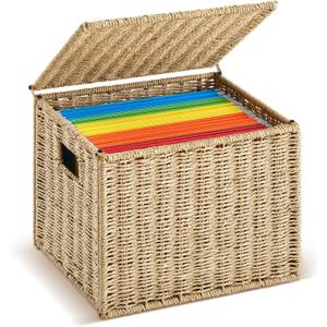 Jingmore 1 Pack Paper Rope File Box Organizers Collapsible Letter Size Filing Cabinet with Lid Woven Hanging File Basket Portable Decorative Document Storage Box for Office/Decor/Home (Letter Size)