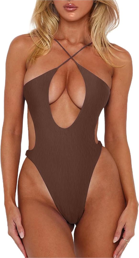 HYPERFIRE Women's Sexy Criss Cross Halter Bathing Suit Cut Out Backless Monokini Swimsuits One Piece (Medium, Ribbed Brown)
