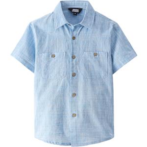 JOGAL Boys Chambray Shirts Short Sleeve Button Down Casual Cotton Woven Shirt with Two Pockets for Kids 8 Years (Blue)