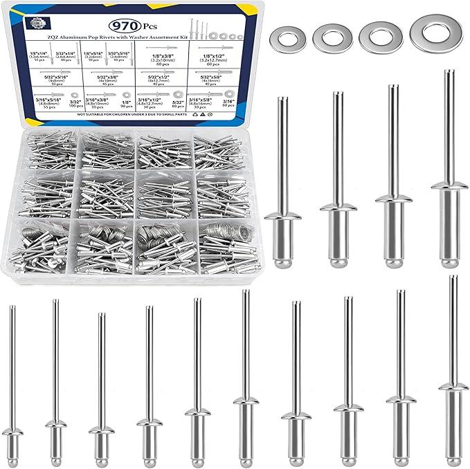 ZQZ 970Pcs Aluminum Pop Rivets with Washer Assortment Kit + ZQZ 630Pcs Aluminum Pop Rivets Assortment Kit